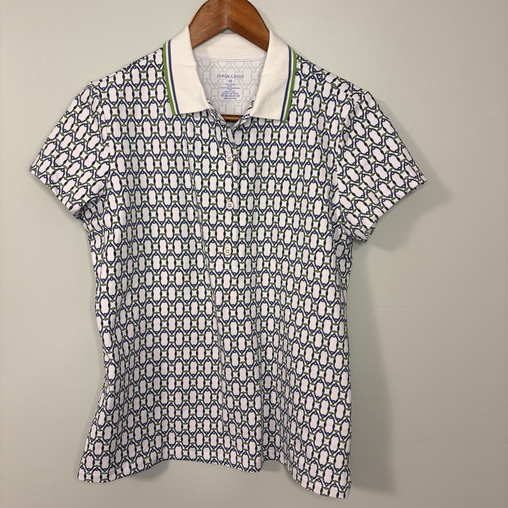 J.McLaughlin Catalina Cloth Polo Shirt Women M Blue Green Geometric Short Sleeve